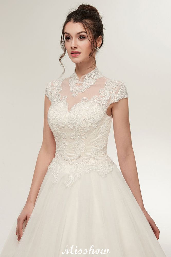 Looking for  in 100D Chiffon,Lace, Princess style, and Gorgeous Lace,Appliques,Ruched work  MISSHOW has all covered on this elegant Long A-line High Neck Lace Appliques Short Sleeves Wedding Dresses with Lace-up.