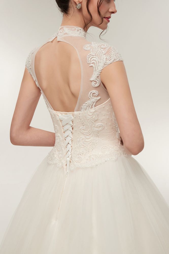 Looking for  in 100D Chiffon,Lace, Princess style, and Gorgeous Lace,Appliques,Ruched work  MISSHOW has all covered on this elegant Long A-line High Neck Lace Appliques Short Sleeves Wedding Dresses with Lace-up.