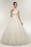 Long A-line High Neck Lace Appliques Short Sleeves Wedding Dresses with Lace-up