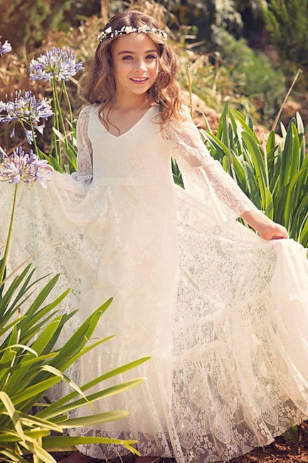Long A-line Lace V-neck Floor Length Flower Girl Dress with Sleeves-misshow.com