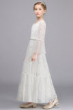 Long A-line Lace V-neck Floor Length Flower Girl Dress with Sleeves-misshow.com