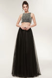 Long A-line Two-piece Tulle Crew Sleeveless Prom Dresses with Pearls