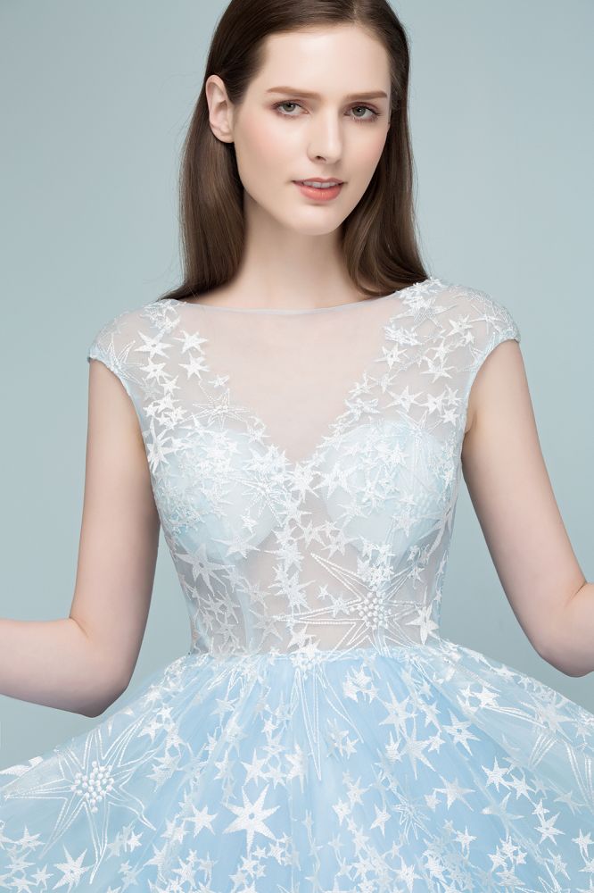Looking for Prom Dresses in Tulle, A-line style, and Gorgeous Appliques work  MISSHOW has all covered on this elegant Long Appliqued Tulle A-line Cap Sleeves Prom Dresses.