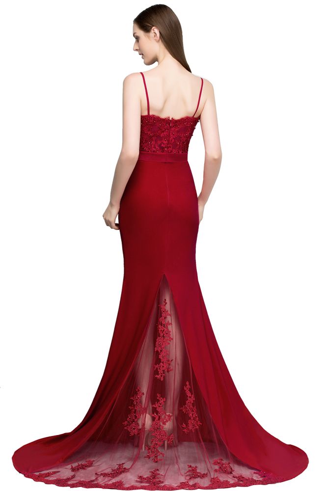 Looking for Prom Dresses,Evening Dresses in Stretch Satin,Tulle, Mermaid style, and Gorgeous Appliques,Ribbons work  MISSHOW has all covered on this elegant Long Burgundy Mermaid Spaghetti Sweetheart Appliques Prom Dresses with Beads.