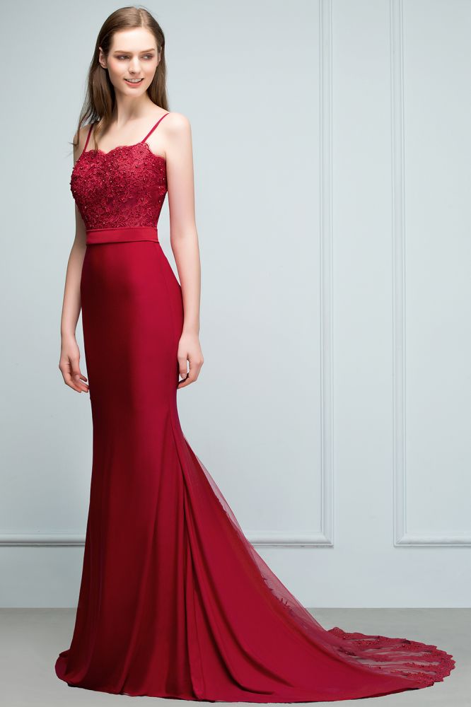 Looking for Prom Dresses,Evening Dresses in Stretch Satin,Tulle, Mermaid style, and Gorgeous Appliques,Ribbons work  MISSHOW has all covered on this elegant Long Burgundy Mermaid Spaghetti Sweetheart Appliques Prom Dresses with Beads.