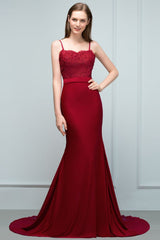 Looking for Prom Dresses,Evening Dresses in Stretch Satin,Tulle, Mermaid style, and Gorgeous Appliques,Ribbons work  MISSHOW has all covered on this elegant Long Burgundy Mermaid Spaghetti Sweetheart Appliques Prom Dresses with Beads.