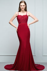 Looking for Prom Dresses,Evening Dresses in Stretch Satin,Tulle, Mermaid style, and Gorgeous Appliques,Ribbons work  MISSHOW has all covered on this elegant Long Burgundy Mermaid Spaghetti Sweetheart Appliques Prom Dresses with Beads.