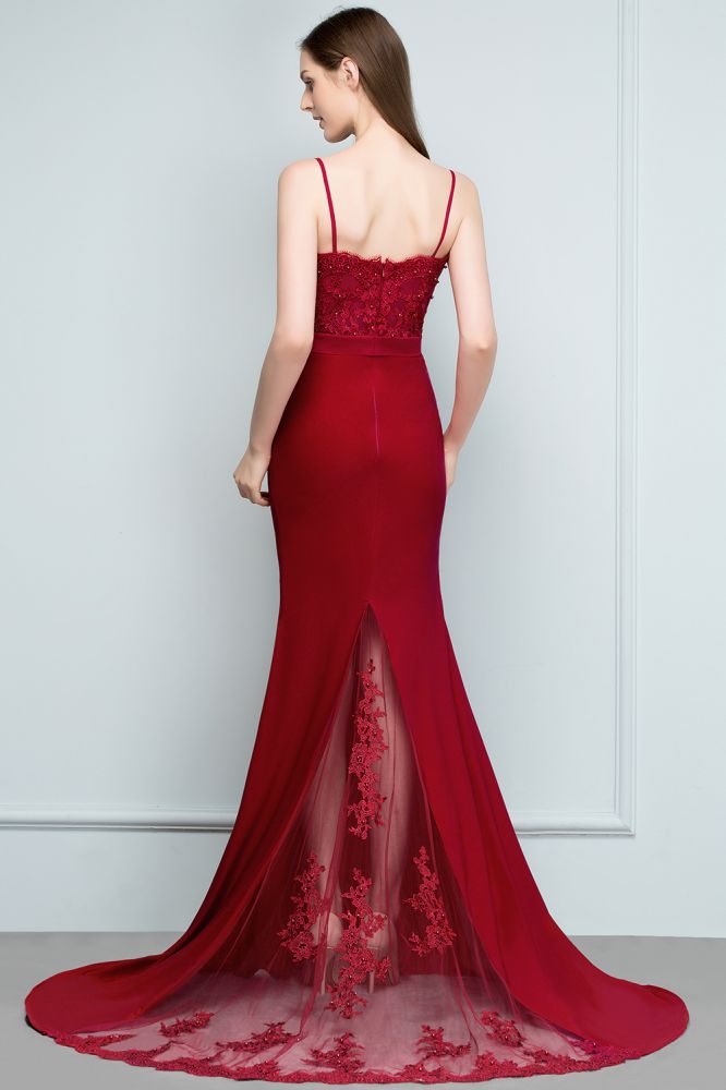 Looking for Prom Dresses,Evening Dresses in Stretch Satin,Tulle, Mermaid style, and Gorgeous Appliques,Ribbons work  MISSHOW has all covered on this elegant Long Burgundy Mermaid Spaghetti Sweetheart Appliques Prom Dresses with Beads.