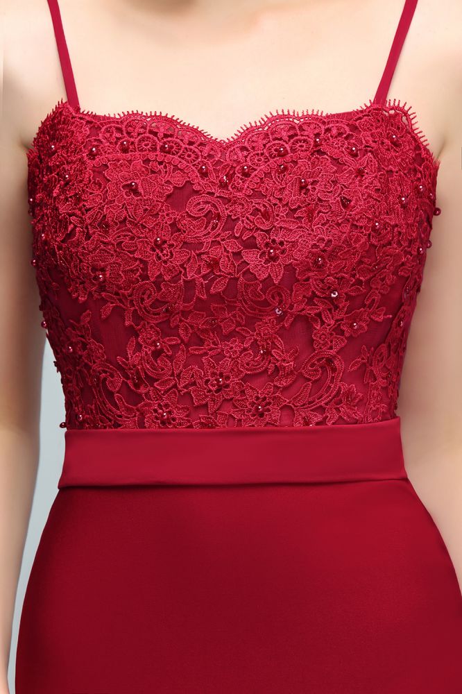 Looking for Prom Dresses,Evening Dresses in Stretch Satin,Tulle, Mermaid style, and Gorgeous Appliques,Ribbons work  MISSHOW has all covered on this elegant Long Burgundy Mermaid Spaghetti Sweetheart Appliques Prom Dresses with Beads.