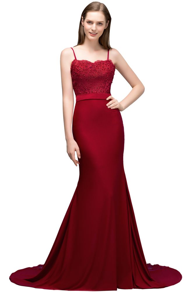 Looking for Prom Dresses,Evening Dresses in Stretch Satin,Tulle, Mermaid style, and Gorgeous Appliques,Ribbons work  MISSHOW has all covered on this elegant Long Burgundy Mermaid Spaghetti Sweetheart Appliques Prom Dresses with Beads.