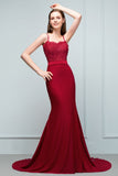 Long Burgundy Mermaid Spaghetti Sweetheart Appliques Prom Dresses with Beads