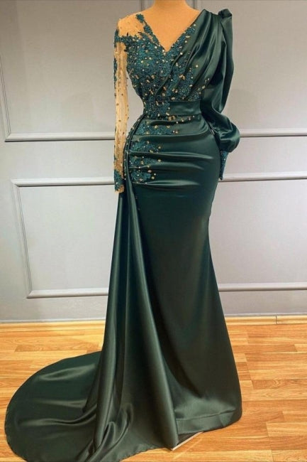 Long Dark Green Elegant Mermaid Prom Evening Dresses with Sleeves-misshow.com