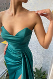 Long Dark Green Mermaid Sleeveless Satin Evening Dresses With Slit-misshow.com