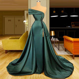 Long Dark Green Satin Prom Dresses Elegant Split Evening Gowns-misshow.com