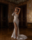 Long Glitter One Shoulder Split Long Sleeves Prom Dresses with Sleeves-misshow.com