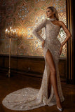 Long Glitter One Shoulder Split Long Sleeves Prom Dresses with Sleeves-misshow.com