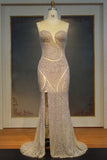 Long Mermaid Illusion Neckline Front Split Sequined Prom Dresses