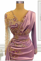 Long Pink Beading Mermaid Prom Evening Dresses With Sleeves-misshow.com