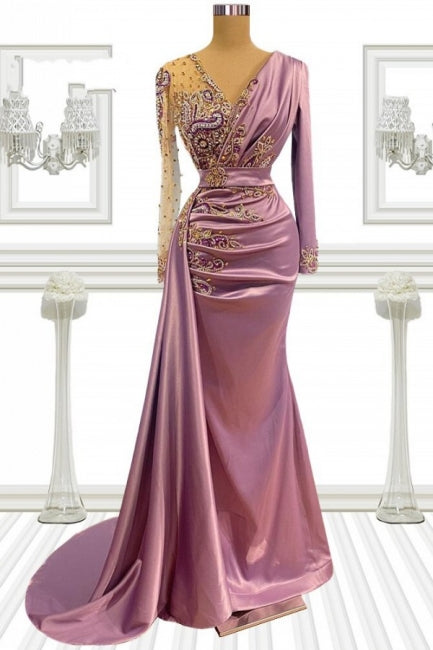 Long Pink Beading Mermaid Prom Evening Dresses With Sleeves-misshow.com
