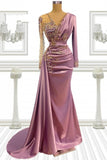 Long Pink Beading Mermaid Prom Dresses With Sleeves-misshow.com