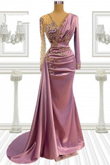 Long Pink Beading Mermaid Prom Evening Dresses With Sleeves-misshow.com