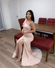 Long Pink Simple One Shoulder Split Mermaid Prom Dress-misshow.com