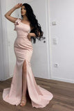 Long Pink Simple One Shoulder Split Mermaid Prom Dress-misshow.com