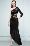 Long Sheath Sequined One-shoulder Prom Dresses with One-sleeve