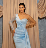 Long Sky Blue One Shoulder Glitter Slit Mermaid Prom Dresses-misshow.com