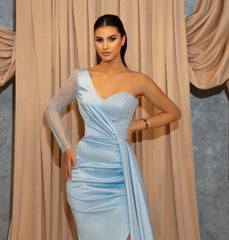 Long Sky Blue One Shoulder Glitter Slit Mermaid Prom Evening Dresses-misshow.com
