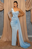 Long Sky Blue One Shoulder Glitter Slit Mermaid Prom Dresses