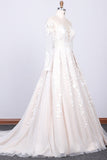 Long Sleeve Appliques Tulle A-line Wedding Dress-misshow.com