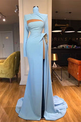 Long Sleeves High Neck Mermaid Prom Evening Dresses Long With Slit-misshow.com