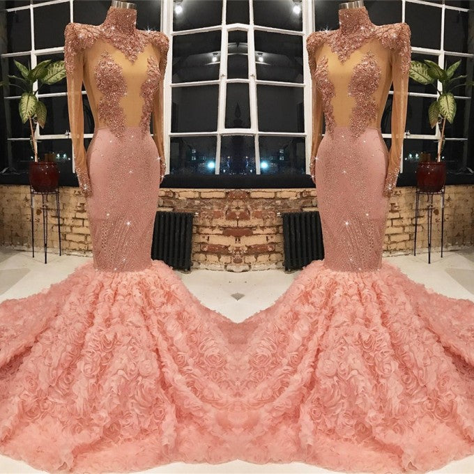 Long Sleeves Pink Prom Dress Mermaid Appliques With Flowers Bottom-misshow.com