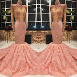 Long Sleeves Pink Prom Dress Mermaid Appliques With Flowers Bottom-misshow.com