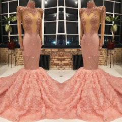 Long Sleeves Pink Prom Dress Mermaid Appliques With Flowers Bottom-misshow.com