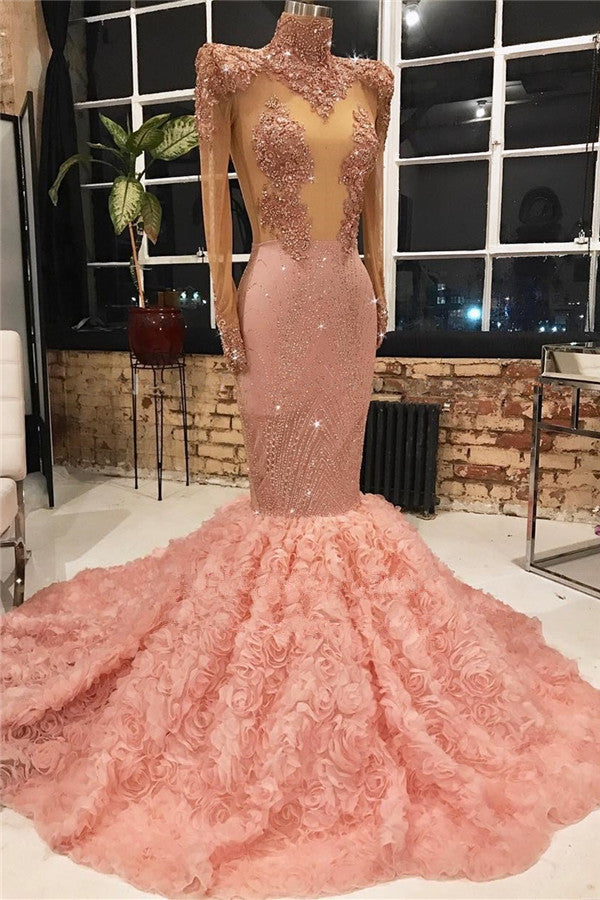 Long Sleeves Pink Prom Dress Mermaid Appliques With Flowers Bottom-misshow.com