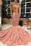 Long Sleeves Pink Prom Dress Mermaid Appliques With Flowers Bottom-misshow.com
