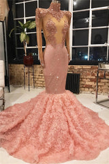 Long Sleeves Pink Prom Dress Mermaid Appliques With Flowers Bottom-misshow.com