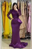 Long Sleeves Purple Mermaid Evening Gown with Soft Floral LAce Appliques-misshow.com