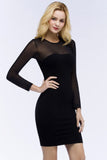 Looking for Prom Dresses,Homecoming Dresses in Stretch Satin, Column style, and Gorgeous  work  MISSHOW has all covered on this elegant Long Sleeves Sheer Neckline Sheath Plus Size Short Black Homecoming Dresses.
