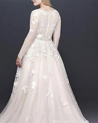 Long Sleeves V-Neck s Belt Wedding Dress-misshow.com