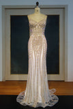 Long Spaghetti Mermaid Sweetheart Champagne Sequined Prom Dresses