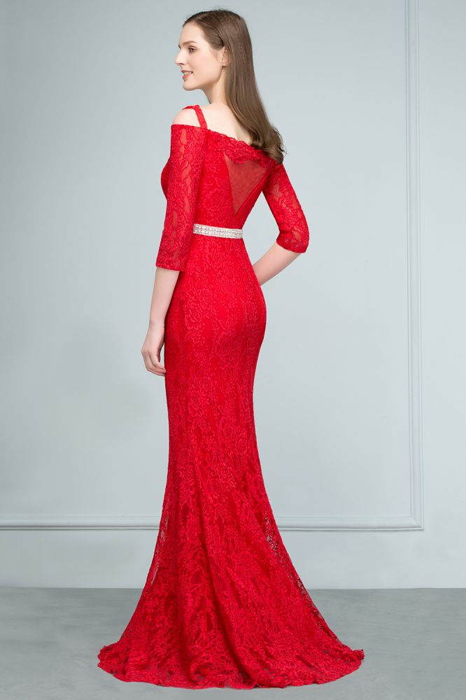 Looking for Prom Dresses in Lace, Mermaid style, and Gorgeous Lace,Beading,Ribbons work  MISSHOW has all covered on this elegant Long Spaghetti Off-shoulder Mermaid Lace Prom Dresses with Sleeves and Sash.