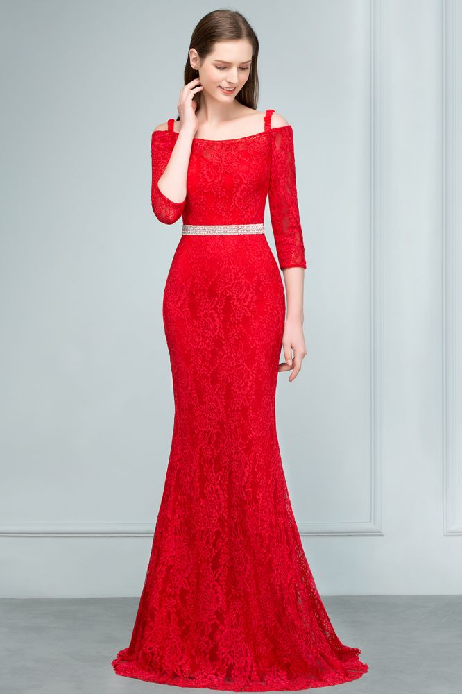 Looking for Prom Dresses in Lace, Mermaid style, and Gorgeous Lace,Beading,Ribbons work  MISSHOW has all covered on this elegant Long Spaghetti Off-shoulder Mermaid Lace Prom Dresses with Sleeves and Sash.