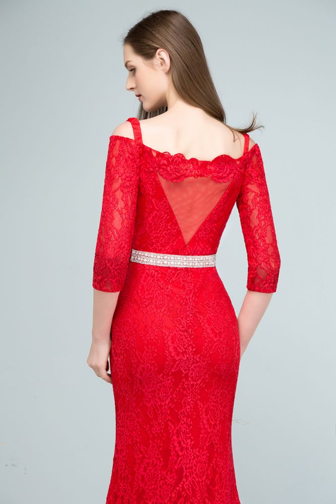 Looking for Prom Dresses in Lace, Mermaid style, and Gorgeous Lace,Beading,Ribbons work  MISSHOW has all covered on this elegant Long Spaghetti Off-shoulder Mermaid Lace Prom Dresses with Sleeves and Sash.