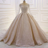 Luxurious A-line Lace Sequined Wedding Dress With Long Sleeves-misshow.com