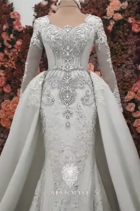 Luxurious A-line Long Sleeves Beading Wedding Dress With Train-misshow.com
