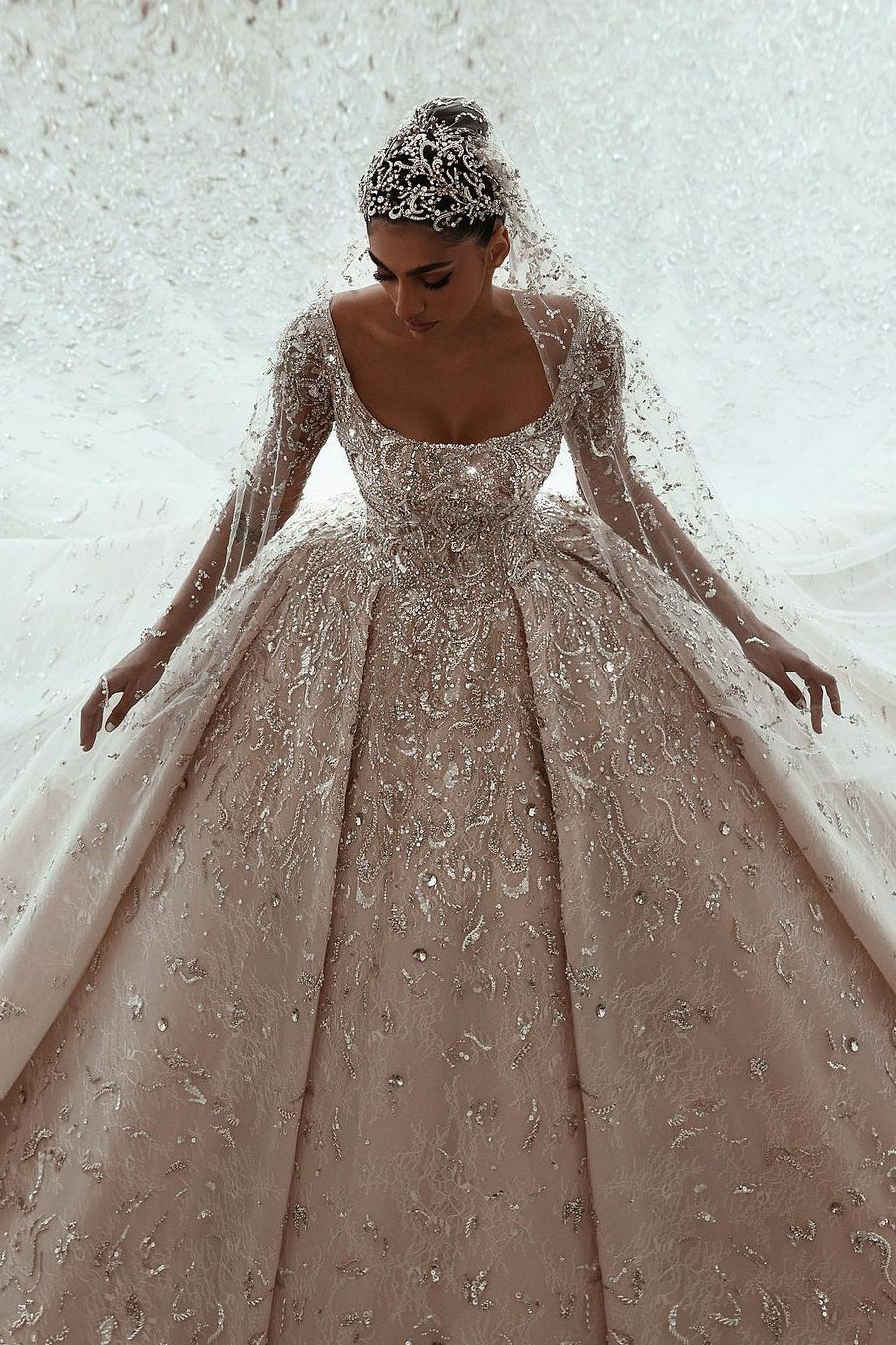Luxurious A-line Long Sleeves Lace Wedding Dress With Train-misshow.com