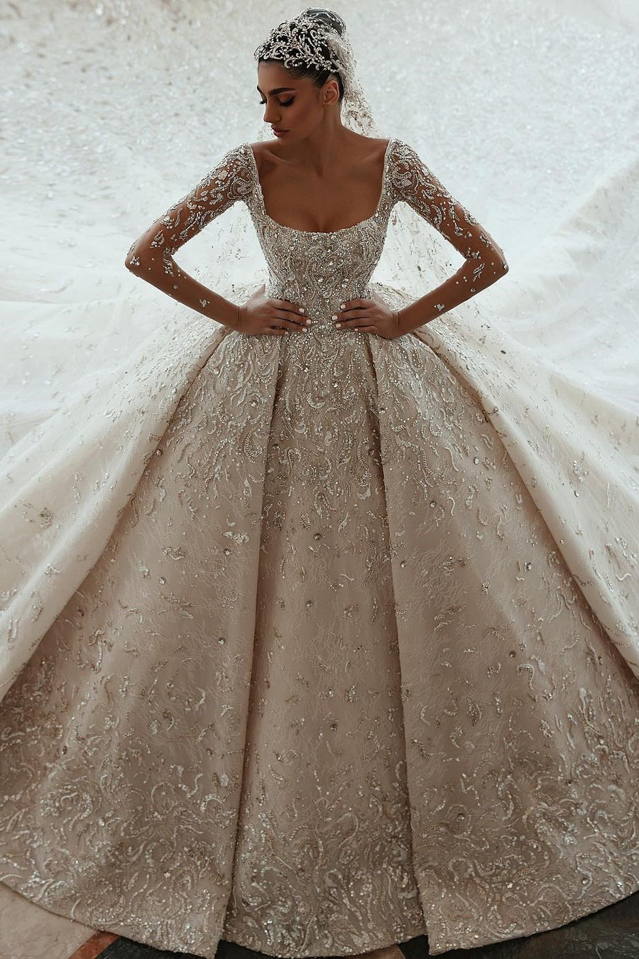 Luxurious A-line Long Sleeves Lace Wedding Dress With Train-misshow.com